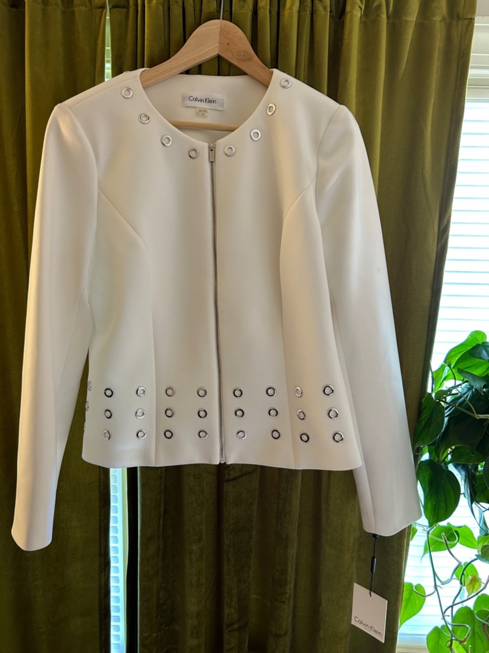 Calvin Klein Cream Eyelet-Trim Zipper Jacket